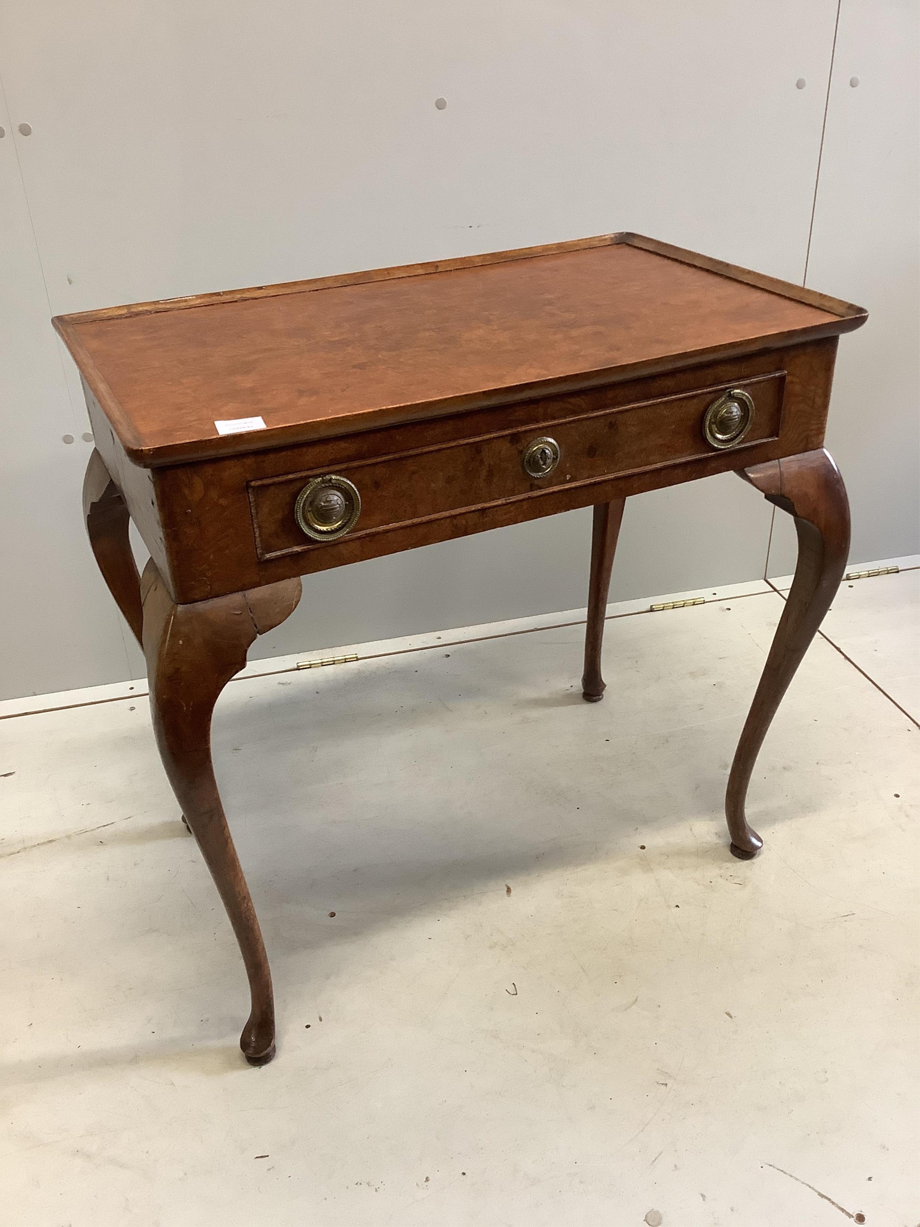 An 18th century and later walnut tray topped side table, fitted with a drawer, on cabriole legs, width 79cm, depth 48cm, height 74cm. Condition - fair